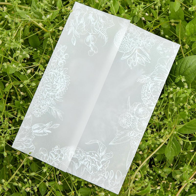TINYAT 60 Sheets Pre-Folded Vellum Jackets for 5x7 Invitations,White Floral Vellum Paper 5x7 Jackets,Translucent Invitation Sleeve Wraps Floral Paper Envelope Liners for Wedding Baby Shower Invitations Cards - Image 1